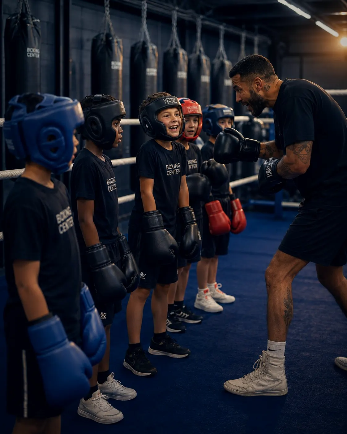 Des enfants casqués et gantés, alignés face à leur coach pendant un cours de boxe éducative à Portet